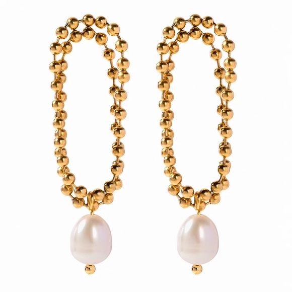 18K Gold Plated Pearl Pendant Tassel Earrings - Picture 2 of 10